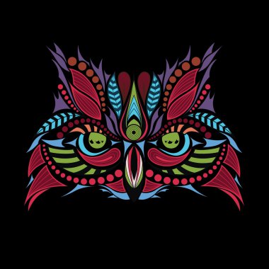 Baykuşun desenli renkli kafası. Afrika / hint / totem / dövme tasarımı. Bir t-shirt, çanta, kartpostal ve poster tasarımı için kullanılabilir.