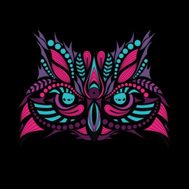 Baykuşun desenli renkli kafası. Afrika / hint / totem / dövme tasarımı. Bir t-shirt, çanta, kartpostal ve poster tasarımı için kullanılabilir.