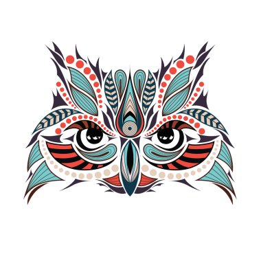Baykuşun desenli renkli kafası. Afrika / hint / totem / dövme tasarımı. Bir t-shirt, çanta, kartpostal ve poster tasarımı için kullanılabilir.