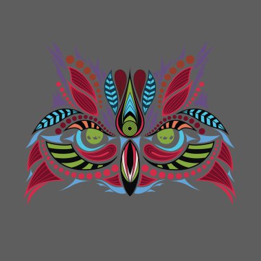 Baykuşun desenli renkli kafası. Afrika / hint / totem / dövme tasarımı. Bir t-shirt, çanta, kartpostal ve poster tasarımı için kullanılabilir.