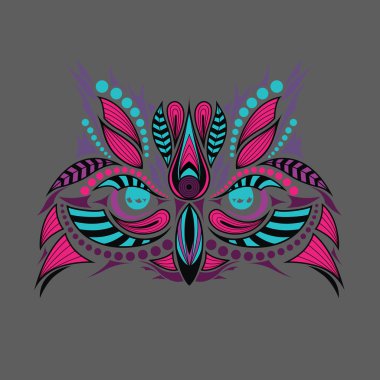 Baykuşun desenli renkli kafası. Afrika / hint / totem / dövme tasarımı. Bir t-shirt, çanta, kartpostal ve poster tasarımı için kullanılabilir.