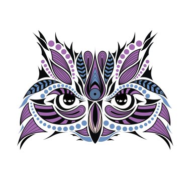 Baykuşun desenli renkli kafası. Afrika / hint / totem / dövme tasarımı. Bir t-shirt, çanta, kartpostal ve poster tasarımı için kullanılabilir.