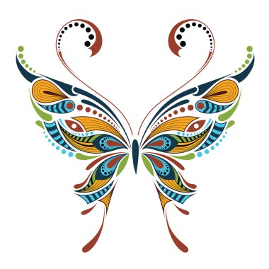 Desenli renkli kelebek. Afrika / hint / totem / dövme tasarımı. Bir t-shirt, çanta, kartpostal ve poster tasarımı için kullanılabilir.