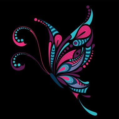 Desenli renkli kelebek. Afrika / hint / totem / dövme tasarımı. Bir t-shirt, çanta, kartpostal ve poster tasarımı için kullanılabilir.