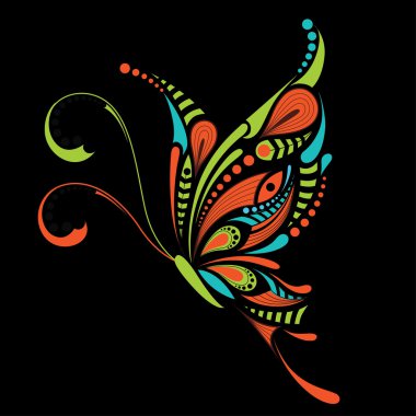 Desenli renkli kelebek. Afrika / hint / totem / dövme tasarımı. Bir t-shirt, çanta, kartpostal ve poster tasarımı için kullanılabilir.