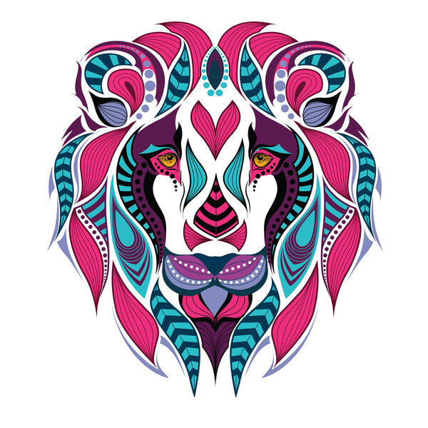 Patterned colored head of a lion. African / indian / totem / tattoo design. It may be used for design of a t-shirt, bag, postcard and poster.