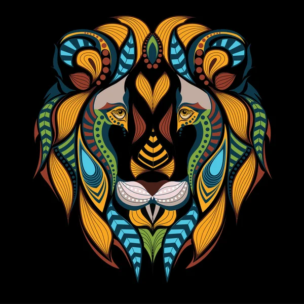 Bir aslan desenli renkli başkanı. Afrika / Hint / totem / dövme tasarım. Bir t-shirt, çanta, kartpostal ve poster tasarımı için kullanılabilir. — Stok Vektör
