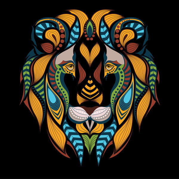 Patterned colored head of a lion. African / indian / totem / tattoo design. It may be used for design of a t-shirt, bag, postcard and poster.