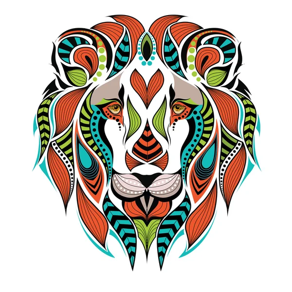 Patterned colored head of a lion. African / indian / totem / tattoo design. It may be used for design of a t-shirt, bag, postcard and poster. — Stock Vector