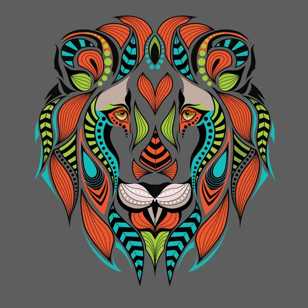 Patterned colored head of a lion. African / indian / totem / tattoo design. It may be used for design of a t-shirt, bag, postcard and poster. — Stock Vector