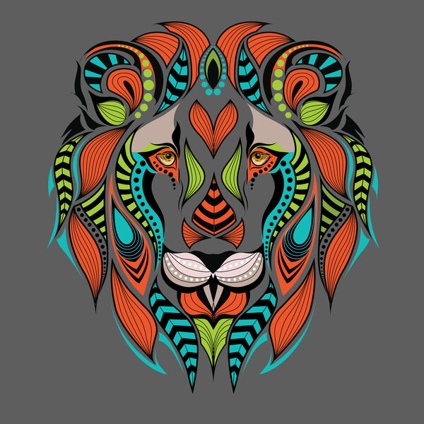 Patterned colored head of a lion. African / indian / totem / tattoo design. It may be used for design of a t-shirt, bag, postcard and poster.