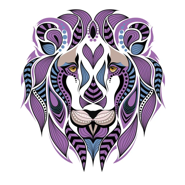 Cabeza de león de colores estampados. Diseño africano / indio / tótem / tatuaje. Se puede utilizar para el diseño de una camiseta, bolso, postal y póster . — Vector de stock