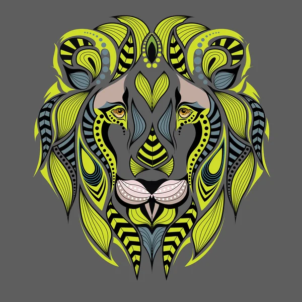 Cabeza de león de colores estampados. Diseño africano / indio / tótem / tatuaje. Se puede utilizar para el diseño de una camiseta, bolso, postal y póster . — Vector de stock