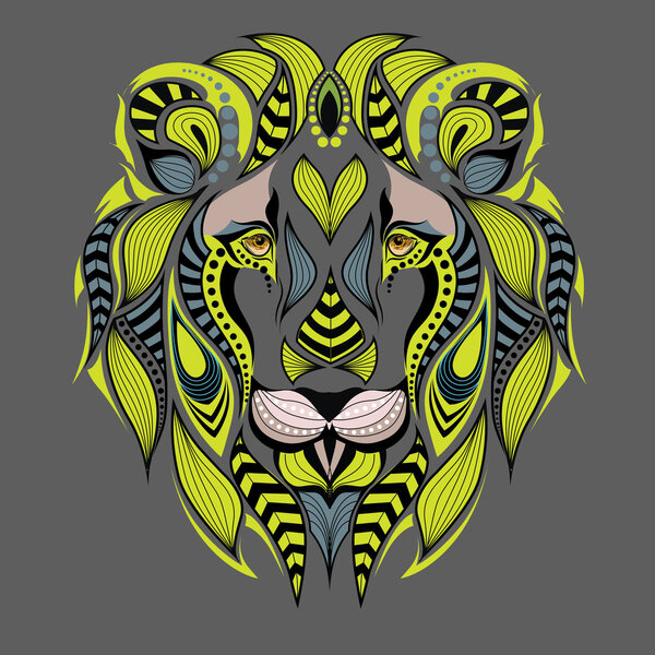 Patterned colored head of a lion. African / indian / totem / tattoo design. It may be used for design of a t-shirt, bag, postcard and poster.