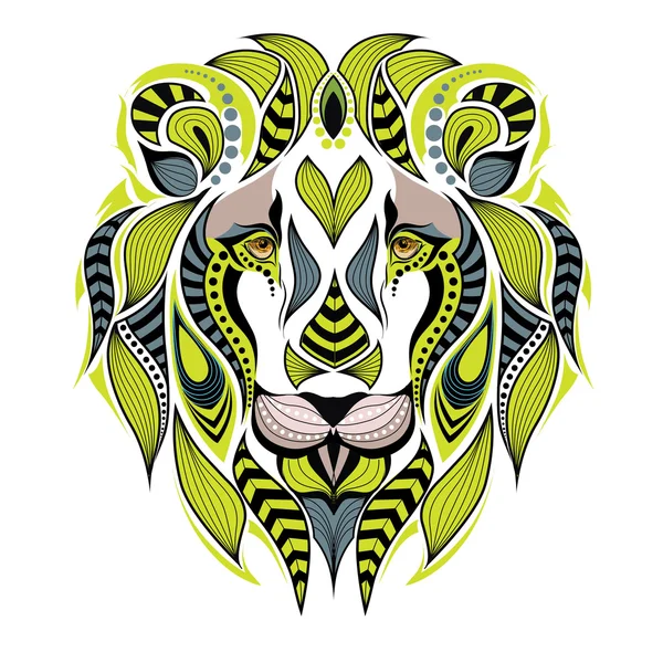 Cabeza de león de colores estampados. Diseño africano / indio / tótem / tatuaje. Se puede utilizar para el diseño de una camiseta, bolso, postal y póster . — Vector de stock