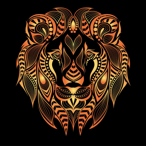 Patterned colored head of a lion. African / indian / totem / tattoo design. It may be used for design of a t-shirt, bag, postcard and poster.