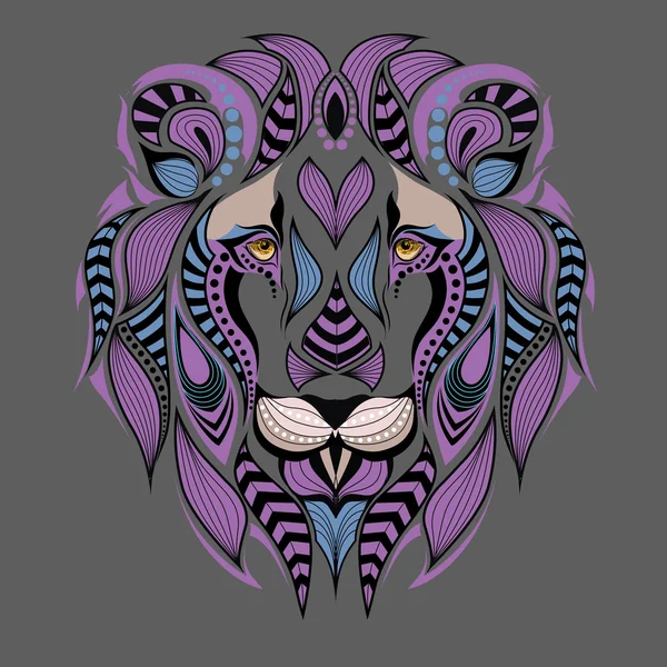 Tête de lion à motifs colorés. Conception africaine / indienne / totem / tatouage. Il peut être utilisé pour la conception d'un t-shirt, sac, carte postale et affiche . — Image vectorielle