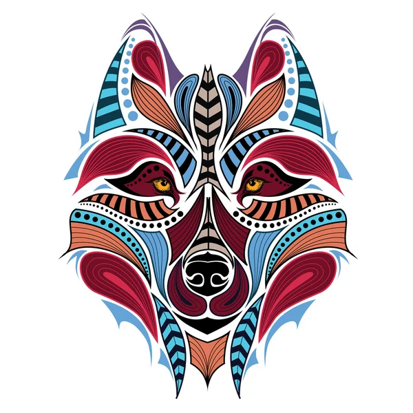 Kepala serigala berwarna berpola. Desain tato Afrika / India / totem /. Hal ini dapat digunakan untuk desain kaos, tas, kartu pos dan poster . - Stok Vektor