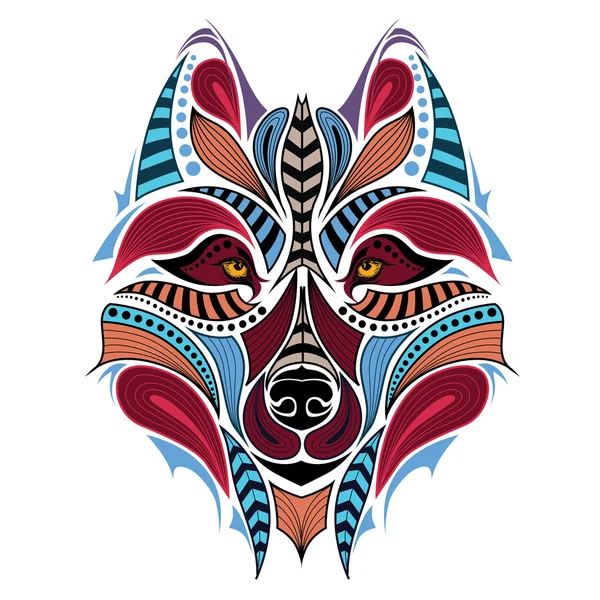 Gedessineerde gekleurde hoofd van de wolf. Afrikaanse / Indische / totem / tattoo ontwerp. Het kan worden gebruikt voor het ontwerp van een t-shirt, tas, briefkaart en poster. — Stockvector