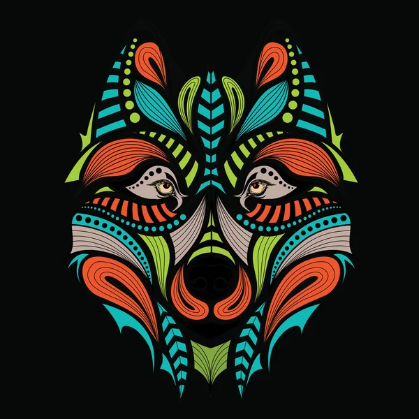 Cabeça colorida modelada do lobo. Projeto africano / indiano / totem / tatuagem. Pode ser usado para o projeto de uma t-shirt, saco, cartão postal e cartaz . — Vetor de Stock