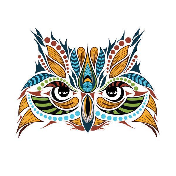 Patterned colored head of the owl. African / indian / totem / tattoo design. It may be used for design of a t-shirt, bag, postcard and poster.