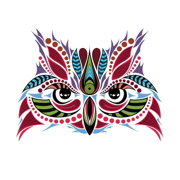 Baykuşun desenli renkli kafası. Afrika / hint / totem / dövme tasarımı. Bir t-shirt, çanta, kartpostal ve poster tasarımı için kullanılabilir. — Stok Vektör