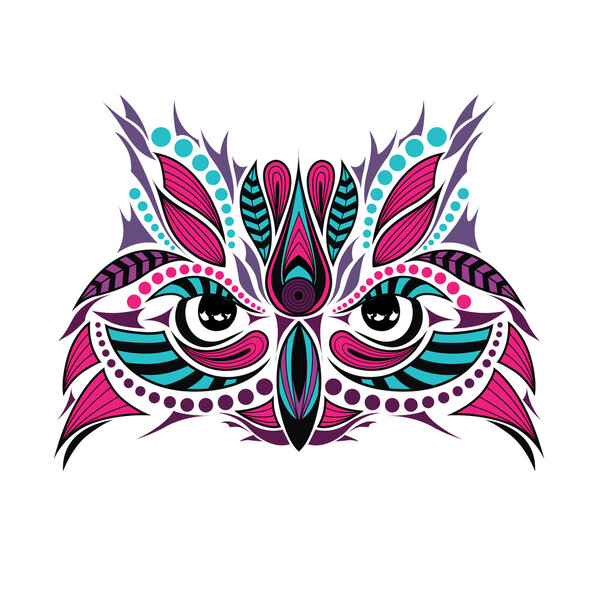 Patterned colored head of the owl. African / indian / totem / tattoo design. It may be used for design of a t-shirt, bag, postcard and poster.