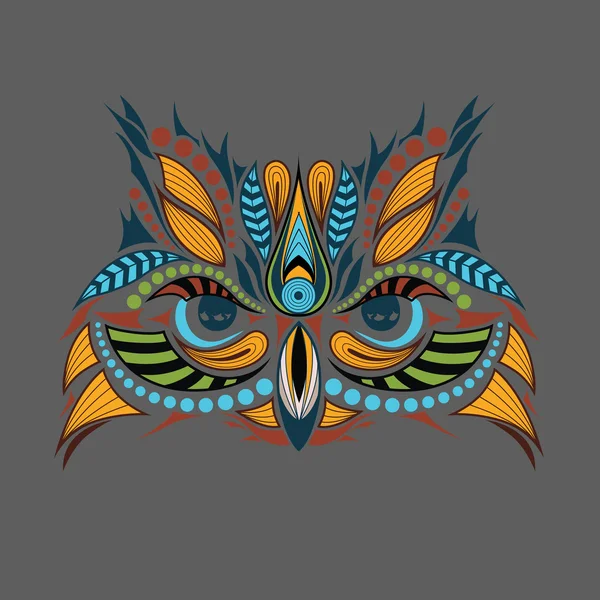 Patterned colored head of the owl. African / indian / totem / tattoo design. It may be used for design of a t-shirt, bag, postcard and poster. — Stock Vector