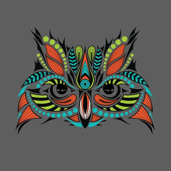 Patterned colored head of the owl. African / indian / totem / tattoo design. It may be used for design of a t-shirt, bag, postcard and poster. — Stock Vector