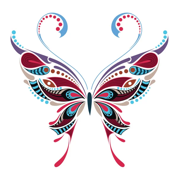 Mariposa de colores estampados. Diseño africano / indio / tótem / tatuaje. Se puede utilizar para el diseño de una camiseta, bolso, postal y póster . — Vector de stock