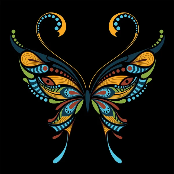 Borboleta de cor modelada. Projeto africano / indiano / totem / tatuagem. Pode ser usado para o projeto de uma t-shirt, saco, cartão postal e cartaz . —  Vetores de Stock