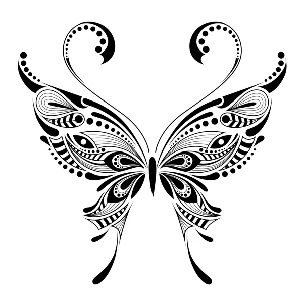 Mariposa de colores estampados. Diseño africano / indio / tótem / tatuaje. Se puede utilizar para el diseño de una camiseta, bolso, postal y póster . — Archivo Imágenes Vectoriales