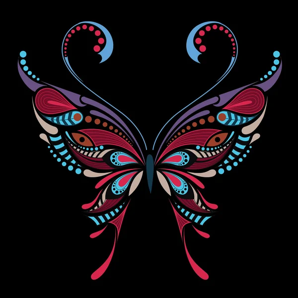 Mariposa de colores estampados. Diseño africano / indio / tótem / tatuaje. Se puede utilizar para el diseño de una camiseta, bolso, postal y póster . — Archivo Imágenes Vectoriales