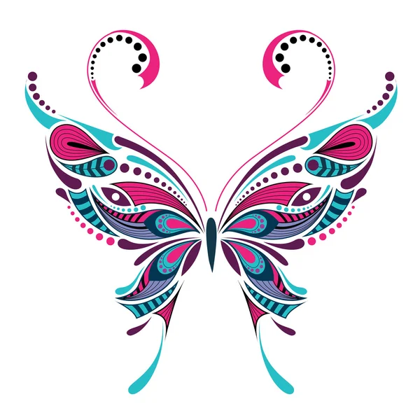 Mariposa de colores estampados. Diseño africano / indio / tótem / tatuaje. Se puede utilizar para el diseño de una camiseta, bolso, postal y póster . — Archivo Imágenes Vectoriales