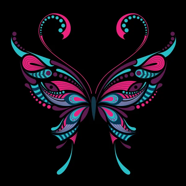 Mariposa de colores estampados. Diseño africano / indio / tótem / tatuaje. Se puede utilizar para el diseño de una camiseta, bolso, postal y póster . — Archivo Imágenes Vectoriales