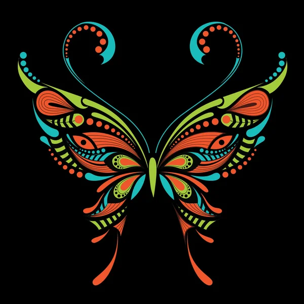 Цветная бабочка. Африканский / индейский / тотем / дизайн тату. Его можно использовать для оформления футболки, сумки, открытки и плаката . — стоковый вектор