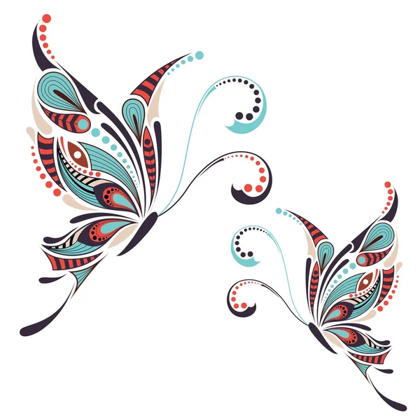 Mariposa de colores estampados. Diseño africano / indio / tótem / tatuaje. Se puede utilizar para el diseño de una camiseta, bolso, postal y póster . — Vector de stock