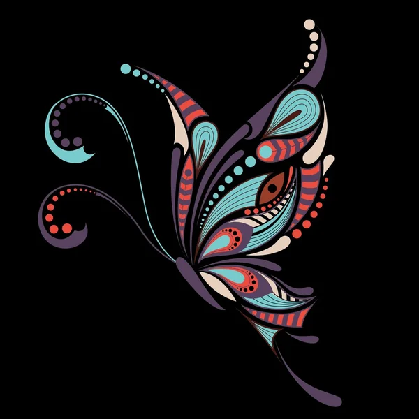 Mariposa de colores estampados. Diseño africano / indio / tótem / tatuaje. Se puede utilizar para el diseño de una camiseta, bolso, postal y póster . — Archivo Imágenes Vectoriales