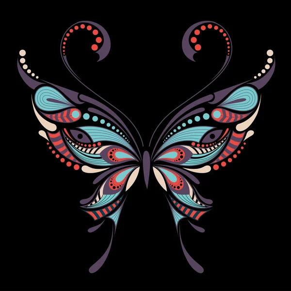 Mariposa de colores estampados. Diseño africano / indio / tótem / tatuaje. Se puede utilizar para el diseño de una camiseta, bolso, postal y póster . — Archivo Imágenes Vectoriales