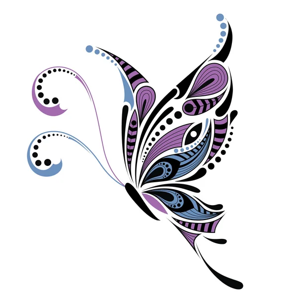 Gemusterter farbiger Schmetterling. afrikanisch / indisch / totem / tattoodesign. es kann für die Gestaltung eines T-Shirts, einer Tasche, einer Postkarte und eines Posters verwendet werden. — Stockvektor