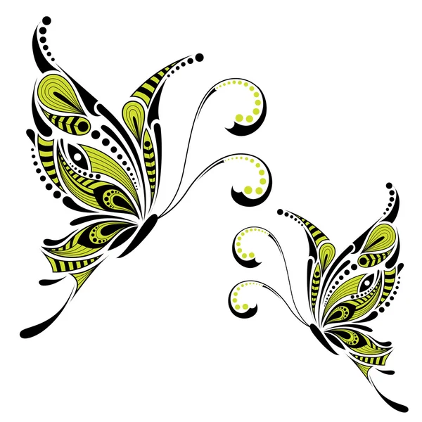 Gemusterter farbiger Schmetterling. afrikanisch / indisch / totem / tattoodesign. es kann für die Gestaltung eines T-Shirts, einer Tasche, einer Postkarte und eines Posters verwendet werden. — Stockvektor
