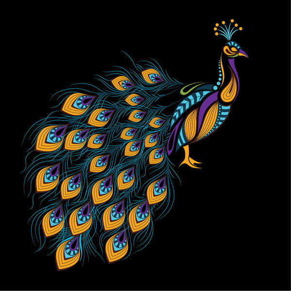 Patterned colored peacock. African / indian / totem / tattoo design. It may be used for design of a t-shirt, bag, postcard and poster.