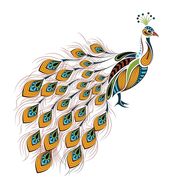 Pavo real de colores estampados. Diseño africano / indio / tótem / tatuaje. Se puede utilizar para el diseño de una camiseta, bolso, postal y póster . — Vector de stock