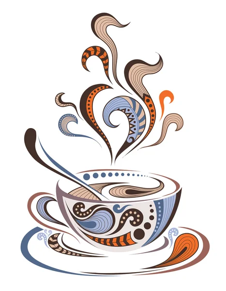 Patterned colored cap of coffee. Batik, Indian tattoo design. It may be used for shirt, bag, postcard and menu. — Stock Vector