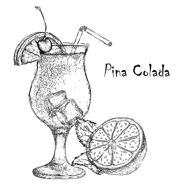 Handritad pina colada cocktail i glas med kalk. Vektorillustration — Stock vektor