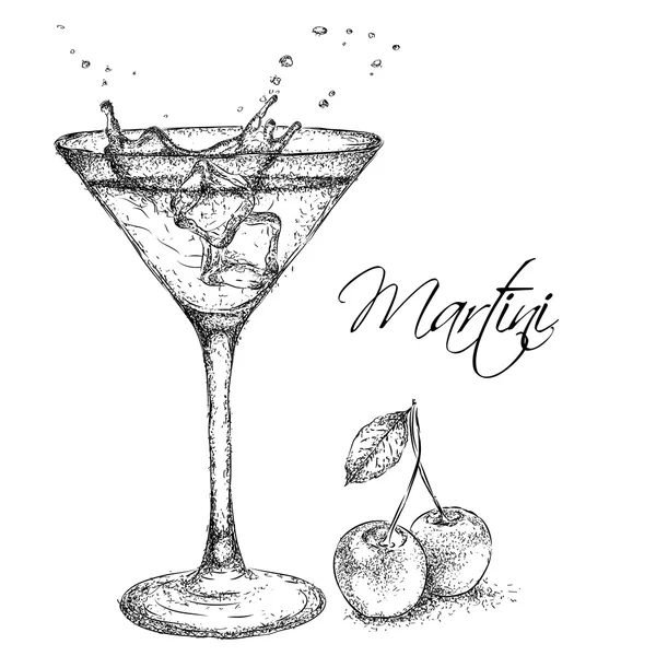 Hand dras martini cocktail i glas med körsbär. Vektorillustration — Stock vektor