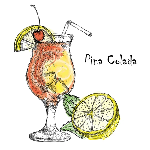 Handritad pina colada cocktail i glas med kalk. Vektorillustration — Stock vektor