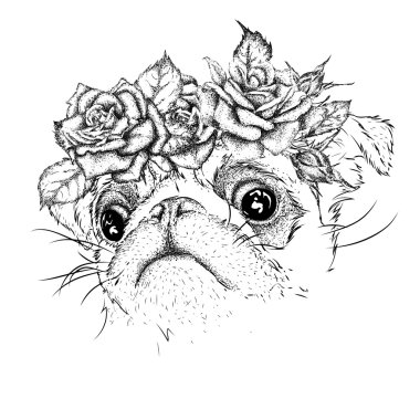 Ele bir çelenk çiçek giyen pug portresi çekin. Vektör çizim