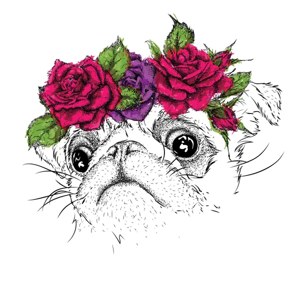 Desenho à mão retrato de pug usando uma coroa de flores. Ilustração vetorial — Vetor de Stock