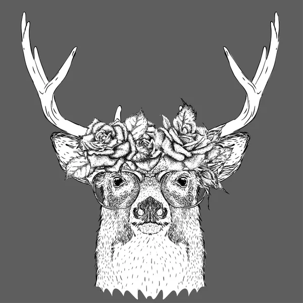 Hand draw portrait of deer wearing a wreath of flowers. Vector illustration — Stock Vector